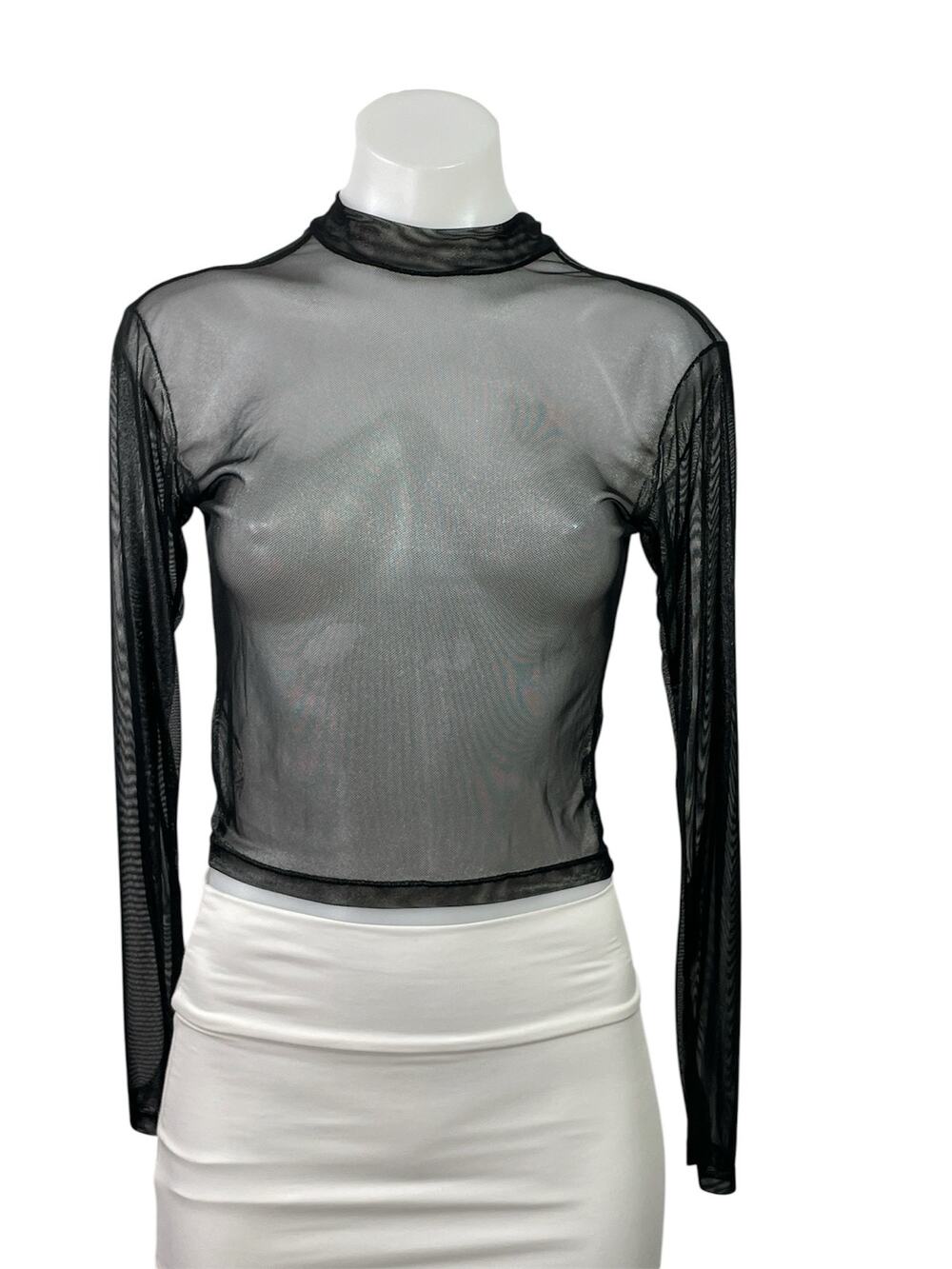 Karibik Karibik Women's Black Mesh Sheer Mock Neck Long Sleeve Crop Top Size M